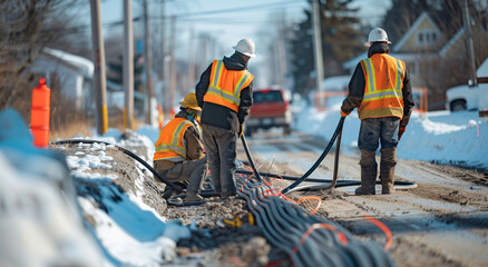 Workers Installing Fiber Optic Cables on Snowy Road