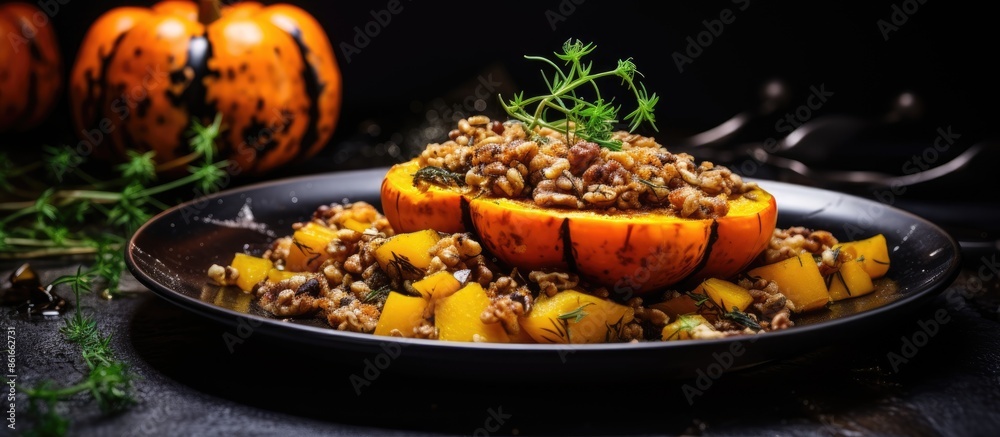 Poster a seasonal autumn dish features pumpkin topped with thyme-garlic minced meat on a black plate, with 