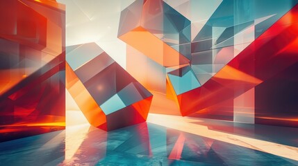 Abstract geometric shapes in a futuristic, glowing space