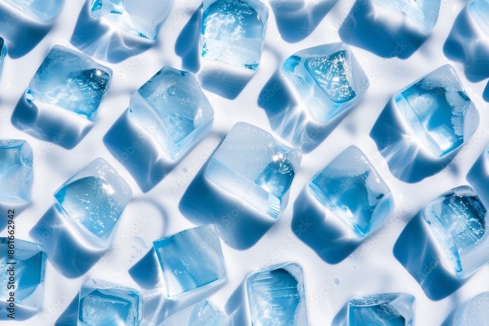 Poster bright and vibrant display of blue ice cubes with soft shadows on a white background, representing a