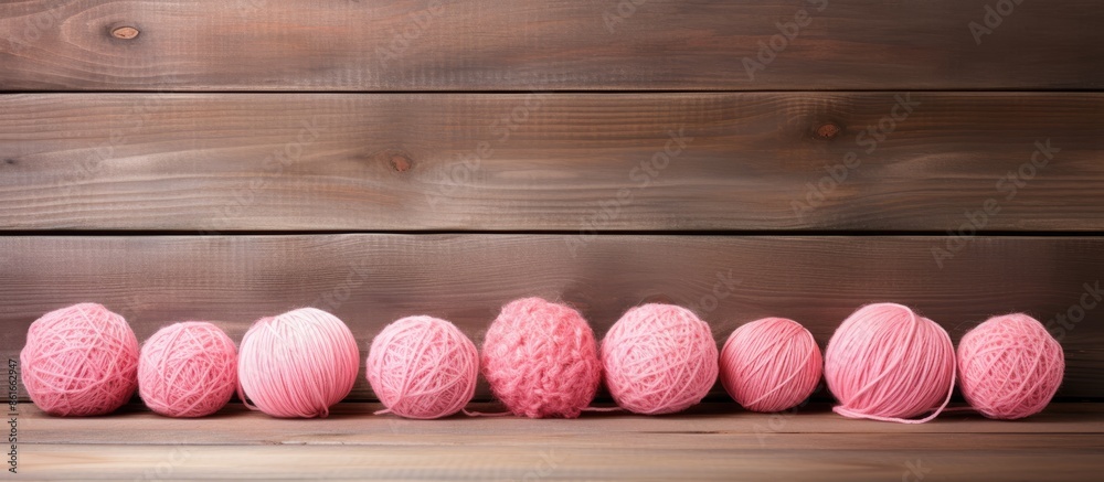 Aufkleber Pink yarn balls displayed on weathered wood with space for text or image. with copy space image. Place for adding text or design