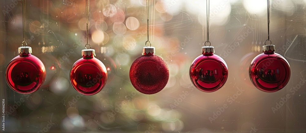 Poster red christmas baubles adorn the window with a charming copy space image.