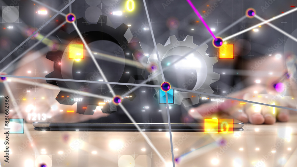 Poster Digital cyberspace with particles and Digital data network connections concept. - 3d