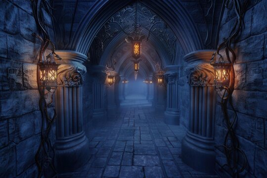 Mystical dark castle corridor with stone walls and bright torches.