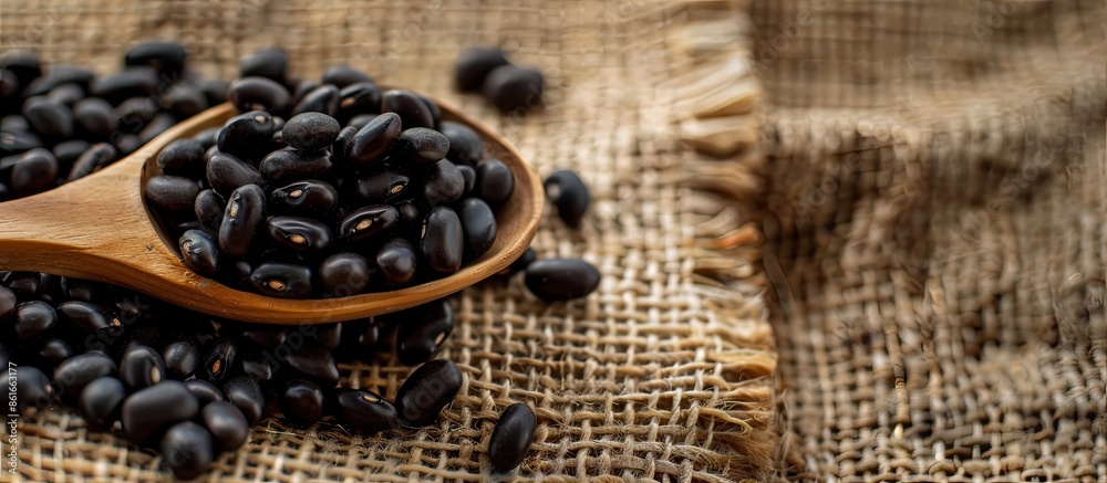 Aufkleber close-up of black beans in a wooden spoon on sackcloth with a blank space for adding images. with co