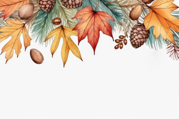 Fototapeta premium Colorful fall leaves, nuts and pine cones border on white background in watercolor style.