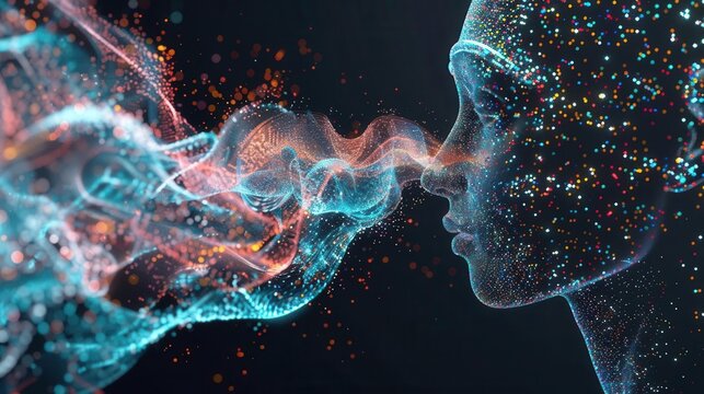 Colorful smoke or gas from the mouth of a person made of luminous dots on a dark background.