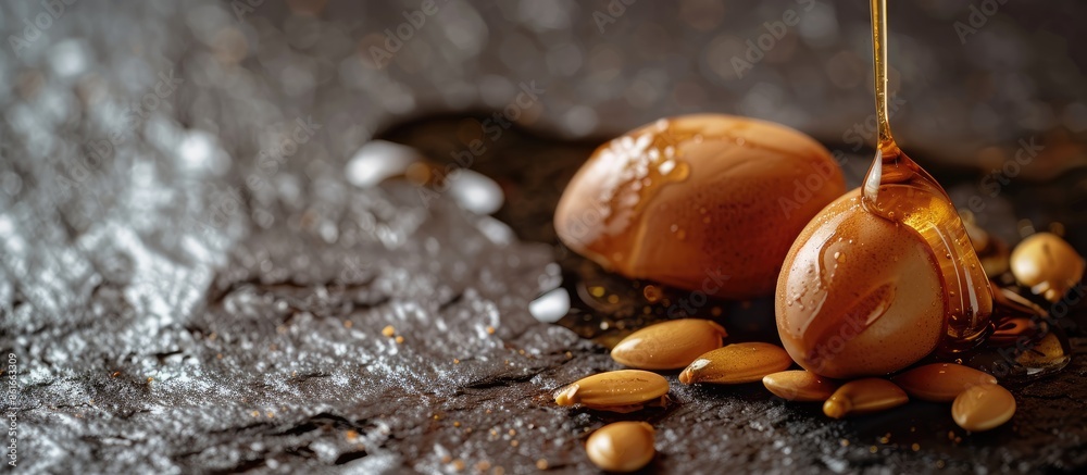 Aufkleber argan oil drizzling over two seeds on a stone table with copy space image.