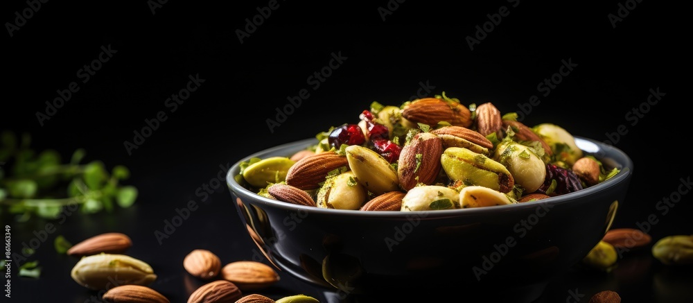 Poster A nutritious snack displayed with roasted pistachios on a dark backdrop with copy space image.
