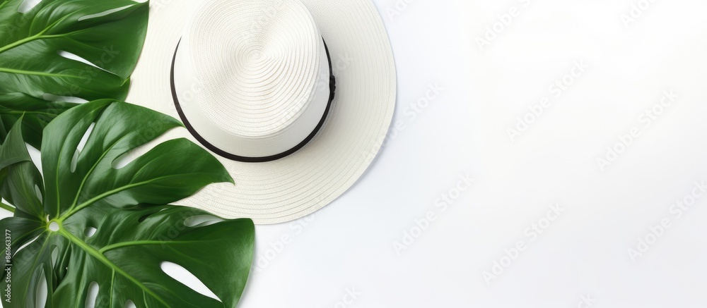 Poster monstera leaf on a white backdrop with copy space image.