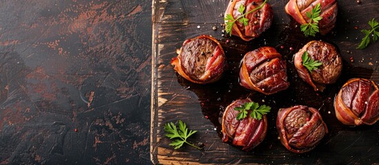 Top view of bacon-wrapped beef tenderloin medallions on a dark butcher block, with copy space image.