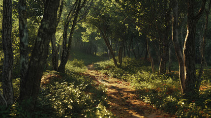 Obraz premium A path winds through a green forest with sunlight streaming through the trees. The ground is covered with plants and leaves.