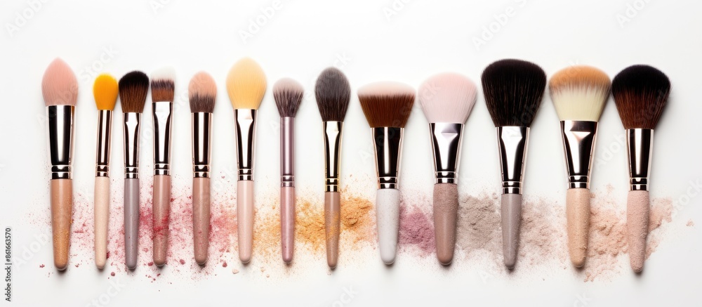 Aufkleber composition of makeup brushes arranged on a white background with ample copy space image.