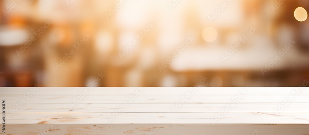 Poster empty white wooden table with a blurred background for showcasing products in a retail environment, 