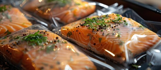 Sous-vide technology utilized to cook vacuum-sealed salmon fillets. Focus on the food. Plenty of space for text or designs in the image. with copy space image. Place for adding text or design