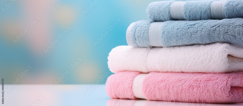 Aufkleber Soft stack of clean towels on a blurred backdrop with copy space image available.