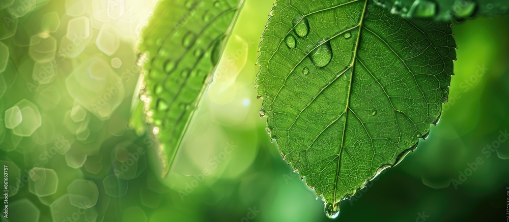 Poster a green leaf with a raindrop on a natural green background, with selective focus for a copy space im