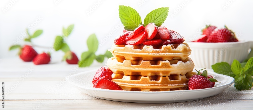 Poster belgian waffles with strawberries and jam on white table, creating a summer food concept. soft focus