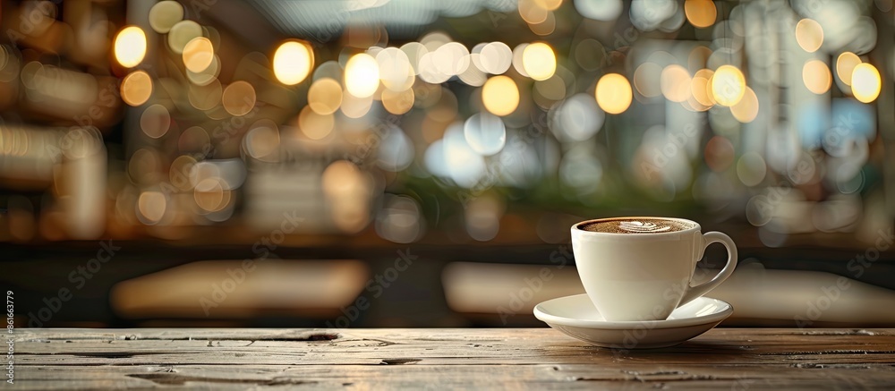 Aufkleber Choose a defocused coffee shop background with bokeh effect to complement your product display on an empty wooden table, ideal for photo editing with copy space image.