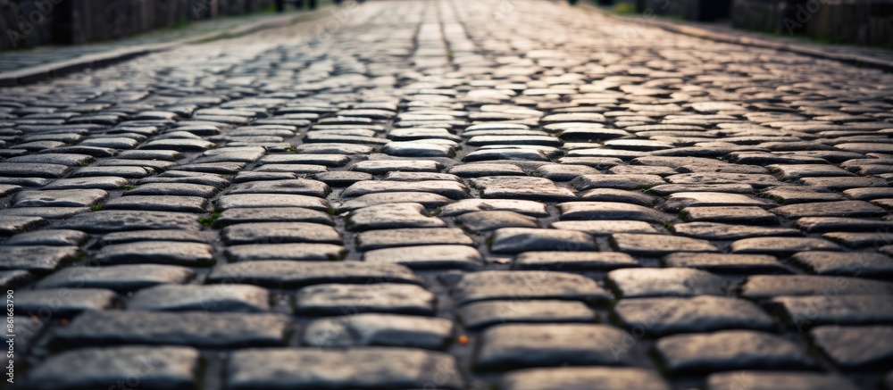 Poster detailed view of an old european cobblestone path with copy space image.