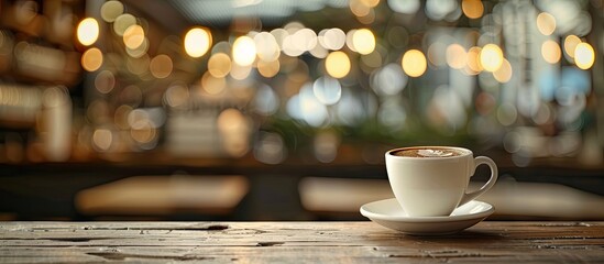 Choose a defocused coffee shop background with bokeh effect to complement your product display on an empty wooden table, ideal for photo editing with copy space image.