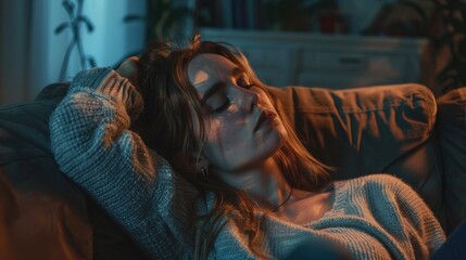 A woman lying down on a couch with her eyes closed, possibly sleeping or resting