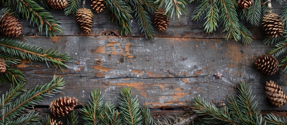 Aufkleber A festive scene with pine branches, fir cones on rustic wood. View from above with space for text or image. with copy space image. Place for adding text or design