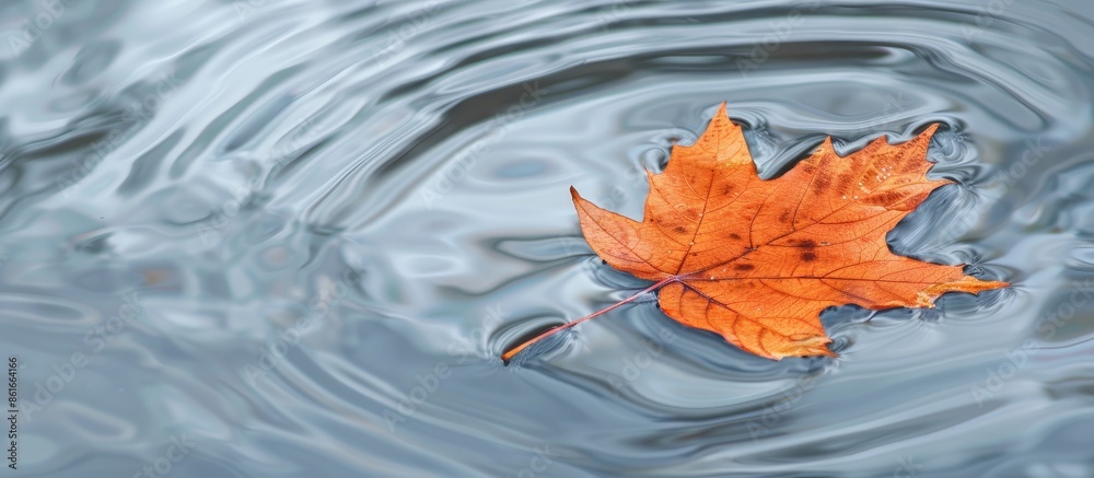 Leinwandbilder A solitary vibrant orange maple leaf floating in water, creating a simple autumn backdrop with ample copy space image.