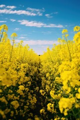Obraz premium A field of yellow flowers with a blue sky in the background