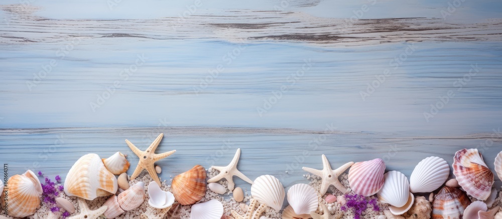 Poster Seashells arranged in a summer-themed frame with copy space image.