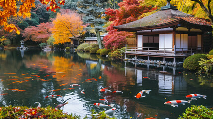 A tranquil Japanese garden in autumn, with vibrant red and orange leaves, koi ponds, and traditional teahouses.