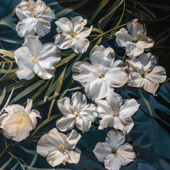 A vase filled with white flowers sits on top of a table, ready for display or use in a floral arrangement