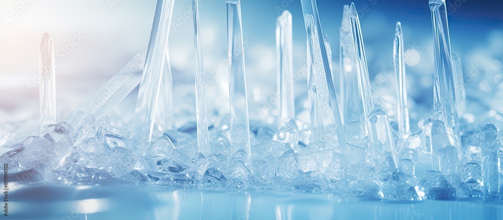 Aufkleber Nature background in light blue, featuring transparent icicles on snow, creating a refreshing, serene setting for copy space image with soft focus.