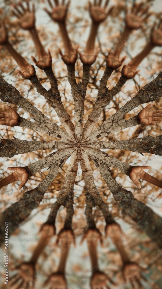 Aufkleber Symmetrical Aerial View of Tan Hands Creating Intricate Geometric Patterns on Textured Background