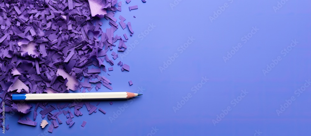 Poster close-up view of a blue pencil, shavings, crumbs, and sharpener arranged on a violet background with
