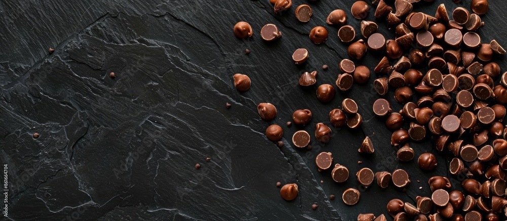 Poster chocolate candies on a black backdrop with scattered chocolate chips for a copy space image.