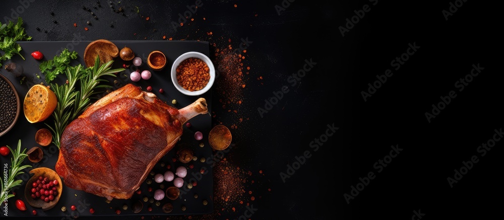 Poster 'Christmas composition featuring a roasted ham on a dark backdrop, highlighting a traditional food concept with a top-down view and empty space for text or design elements.'. with copy space image
