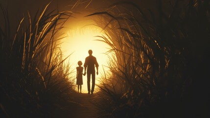 Fototapeta premium A man, a boy and a girl are walking in the rain. The man is holding the girl's hand
