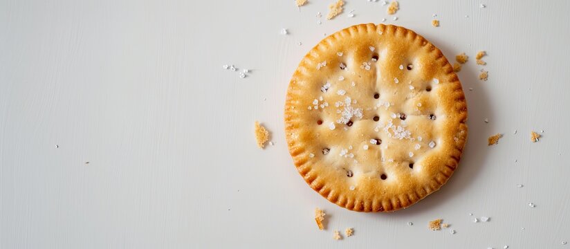Copy space image of a salt cracker on a plain background for design or text insertion.