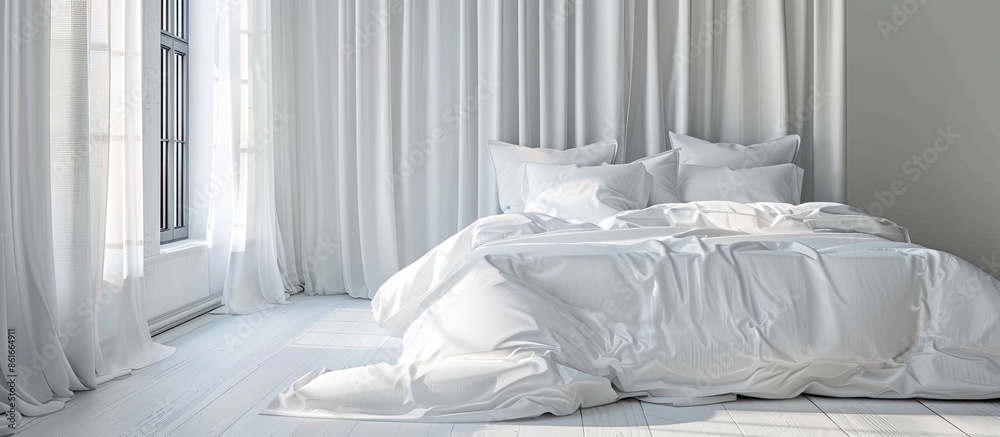 Poster bed with white pillows in bedroom. with copy space image. place for adding text or design