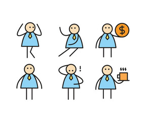 funny businessman characters stick figure in various poses vector illustration
