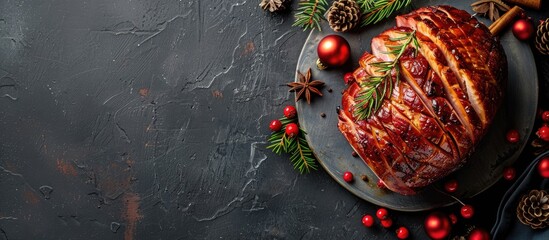 Top-down view of a mouthwatering ham on a gray tabletop for a Christmas meal, with room for text in the image. with copy space image. Place for adding text or design