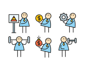 funny businessman characters stick figure in various poses vector illustration