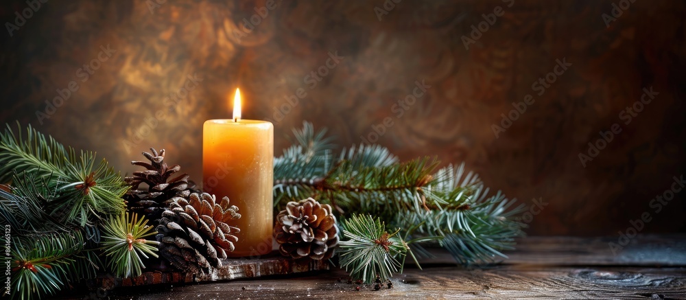 Poster festive christmas decorations featuring a candle, fir branches, pine cones, presented on a rustic wo