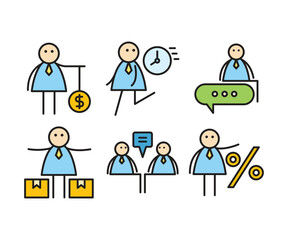 funny businessman characters stick figure in various poses vector illustration