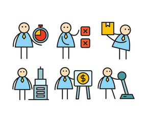 funny businessman characters stick figure in various poses vector illustration