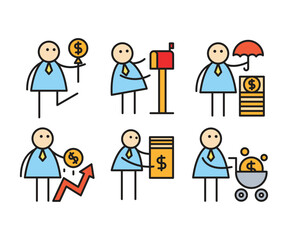 funny businessman characters stick figure in various poses vector illustration