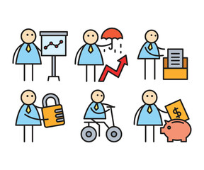 Naklejka premium funny businessman characters stick figure in various poses vector illustration