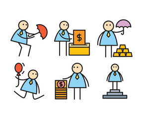 funny businessman characters stick figure in various poses vector illustration