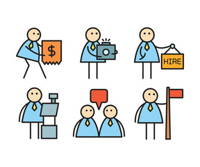 funny businessman characters stick figure in various poses vector illustration